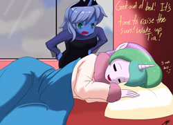Size: 2900x2100 | Tagged: safe, artist:skecchiart, imported from derpibooru, princess celestia, princess luna, anthro, ambiguous facial structure, bed, morning ponies