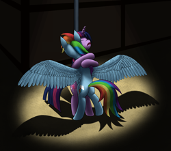 Size: 2000x1767 | Tagged: safe, artist:furor1, imported from derpibooru, rainbow dash, twilight sparkle, pegasus, pony, unicorn, fanfic:a bluebird's song, bipedal, fanfic, fanfic art, female, hug, lesbian, love, mare, night, shipping, spotlight, twidash