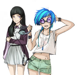 Size: 721x700 | Tagged: safe, artist:yanabau, imported from derpibooru, dj pon-3, octavia melody, vinyl scratch, human, belly button, clothes, duo, headphones, humanized, midriff, shorts, skirt, smiling