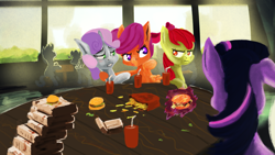 Size: 1920x1080 | Tagged: safe, artist:hierozaki, imported from derpibooru, apple bloom, scootaloo, sweetie belle, twilight sparkle, alicorn, pegasus, pony, unicorn, twilight time, blushing, cutie mark crusaders, female, food, french fries, levitation, magic, mare, scene interpretation, telekinesis, twilight burgkle, twilight sparkle (alicorn)