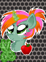 Size: 600x800 | Tagged: safe, artist:ilikepudding24, imported from derpibooru, oc, oc only, pony, unicorn, apple, female, filly, freckles, magic, offspring, parent:babs seed, parent:snips, parents:bips, scissors, solo