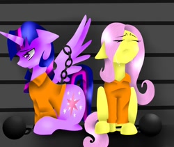 Size: 972x822 | Tagged: safe, artist:chiara-dash, imported from derpibooru, fluttershy, twilight sparkle, alicorn, pegasus, pony, ball and chain, clothes, crying, duo, duo female, eyes closed, female, frown, jail, lesbian, looking down, mare, prison, prison outfit, prisoner ts, sad, shipping, sitting, spread wings, twilight sparkle (alicorn), twishy, wings