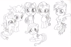 Size: 2298x1505 | Tagged: safe, artist:partner345, imported from derpibooru, applejack, fluttershy, pinkie pie, rainbow dash, rarity, twilight sparkle, the cutie mark chronicles, filly, mane six, monochrome