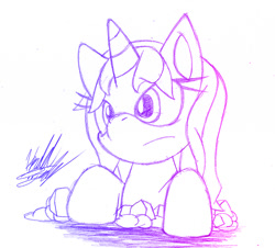 Size: 800x722 | Tagged: safe, artist:fuzon-s, imported from derpibooru, oc, oc only, oc:twilight panda, frown, gradient lineart, looking up, monochrome, mspaintponies, mspaintponies fanart, sketch, solo, traditional art, unamused