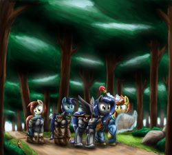 Size: 2873x2581 | Tagged: safe, artist:otakuap, imported from derpibooru, oc, oc only, oc:bernd, oc:bright ember, squirrel, adventuring party, armor, cutie art crusaders, dungeons and dragons, magic, sword, telekinesis, tree