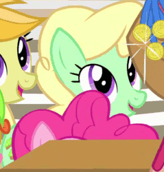 Size: 429x448 | Tagged: safe, imported from derpibooru, screencap, apple honey, apple tarty, jonagold, marmalade jalapeno popette, pinkie pie, pony, filli vanilli, season 4, >:d, animated, apple family member, evil grin, female, gif, glare, grin, pure unfiltered evil, smiling, solo, soon, watching