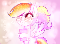 Size: 1411x1043 | Tagged: safe, artist:toroitimu, imported from derpibooru, rainbow dash, pegasus, pony, abstract background, adorkable, bipedal, book, cute, dashabetes, dork, ear fluff, egghead, female, glasses, hoof hold, looking at you, mare, meganekko, nerd, nerd pony, rainbow dork, smiling, solo, spread wings