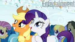 Size: 612x344 | Tagged: safe, imported from derpibooru, screencap, applejack, candy mane, doctor whooves, lyra heartstrings, ponet, rarity, time turner, twirly, breezie, it ain't easy being breezies, entertainment weekly, ponies standing next to each other, unnamed breezie, unnamed character
