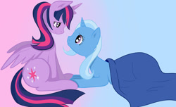Size: 1024x621 | Tagged: safe, artist:evannasykes, imported from derpibooru, trixie, twilight sparkle, twilight sparkle (alicorn), alicorn, pony, blanket, female, lesbian, mare, pregnant, shipping, twixie