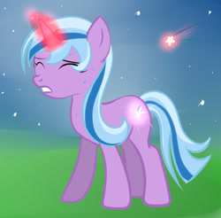 Size: 902x886 | Tagged: safe, artist:evannasykes, imported from derpibooru, oc, oc only, cutiespark, eyes closed, gritted teeth, magic, magical lesbian spawn, offspring, parent:trixie, parent:twilight sparkle, parents:twixie, shooting star, solo, sweat