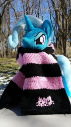 Size: 422x750 | Tagged: artist needed, safe, artist:egophiliac, artist:pixelkitties, imported from derpibooru, trixie, pony, unicorn, clothes, day, female, irl, mare, photo, pixelkitties, plushie, scarf, solo