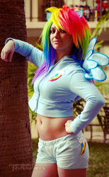 Size: 494x800 | Tagged: safe, artist:ladymella, imported from derpibooru, rainbow dash, human, belly button, cosplay, irl, irl human, midriff, photo, solo