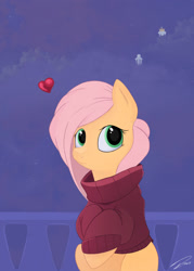 Size: 1024x1434 | Tagged: safe, artist:deltalinwie, imported from derpibooru, fluttershy, clothes, female, heart, looking at you, night, smiling, solo, sweater, sweatershy