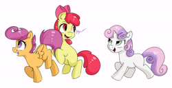 Size: 7147x3660 | Tagged: dead source, safe, artist:bloodyhellhayden, imported from derpibooru, apple bloom, scootaloo, sweetie belle, earth pony, pegasus, pony, unicorn, apple bloom's bow, blank flank, bow, cutie mark crusaders, female, filly, foal, hair bow, open mouth, simple background, walking, white background