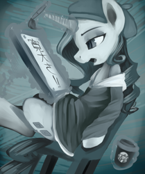 Size: 1658x1986 | Tagged: safe, artist:facerenon, imported from derpibooru, rarity, clothes, drink, female, japanese, magic, paintbrush, sitting, solo, writing