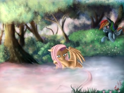Size: 1600x1200 | Tagged: safe, artist:miokomata, imported from derpibooru, fluttershy, rainbow dash, bathing, female, floppy ears, flutterdash, gritted teeth, lesbian, outdoors, pond, raised leg, shipping, spread wings, tree, watching, water, wet