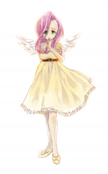 Size: 880x1415 | Tagged: safe, artist:nagai13, imported from derpibooru, fluttershy, human, clothes, dress, female, humanized, light skin, solo, winged humanization