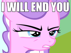 Size: 600x450 | Tagged: safe, imported from derpibooru, diamond tiara, pinkie pride, angry, caption, death threat, female, image macro, reaction image, solo, threat