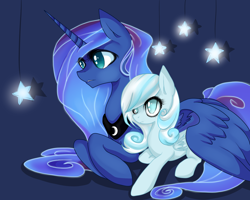 Size: 2000x1600 | Tagged: safe, artist:santagiera, imported from derpibooru, princess luna, oc, oc:snowdrop, alicorn, pegasus, pony, female, filly, hug, mare, prone, stars, winghug