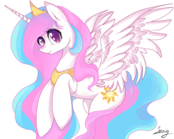 Size: 2000x1600 | Tagged: safe, artist:santagiera, imported from derpibooru, princess celestia, alicorn, pony, cute, cutelestia, female, flying, get, index get, jewelry, looking at you, mare, rearing, regalia, signature, simple background, smiling, solo, spread wings, wings