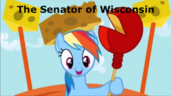 Size: 638x359 | Tagged: safe, edit, imported from derpibooru, rainbow dash, pinkie pride, caption, cheese hat, cheese scepter, cheesehead, female, hat, senator, solo, wisconsin