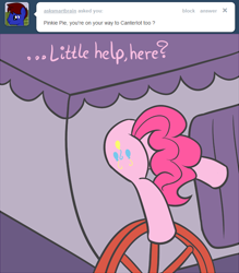 Size: 650x742 | Tagged: safe, artist:atlur, deleted from derpibooru, imported from derpibooru, pinkie pie, ask the pie sisters, ask, buttstuck, plot, solo, stuck, tumblr