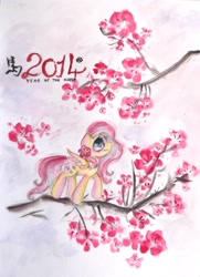 Size: 2808x3868 | Tagged: safe, artist:catseye-view, imported from derpibooru, fluttershy, 2014, female, flower, solo, traditional art, year of the horse