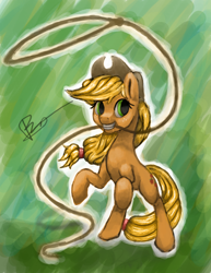 Size: 1000x1294 | Tagged: safe, artist:rarewerewolf, imported from derpibooru, applejack, female, lasso, mouth hold, rearing, solo