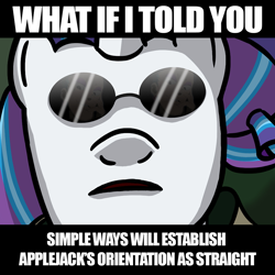 Size: 800x800 | Tagged: safe, imported from derpibooru, applejack, rarity, simple ways, drama, female, meme, morpheus, shipping, solo, what if i told you