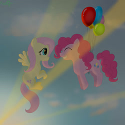 Size: 2000x2000 | Tagged: safe, artist:flower-power-love, imported from derpibooru, fluttershy, pinkie pie, balloon, flying