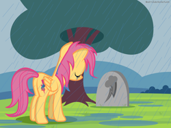 Size: 2750x2060 | Tagged: safe, artist:noah-x3, imported from derpibooru, rainbow dash, scootaloo, pegasus, pony, butt, death, female, grave, implied death, implied rainbow dash, mare, older, plot, rain, sad, show accurate, solo, tree