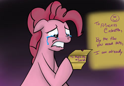 Size: 1300x900 | Tagged: safe, artist:swordkirby, imported from derpibooru, pinkie pie, crying, fanfic art, female, note, solo