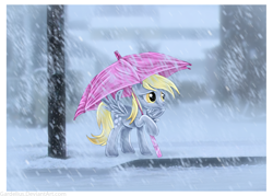 Size: 1280x917 | Tagged: safe, artist:lova-gardelius, imported from derpibooru, derpy hooves, pegasus, pony, female, mare, snow, snowfall, solo, umbrella, winter