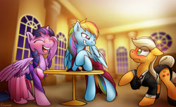 Size: 1957x1200 | Tagged: safe, artist:conicer, imported from derpibooru, applejack, rainbow dash, twilight sparkle, alicorn, pony, appledash, appledashlight, bipedal leaning, blushing, bolo tie, clothes, dress, eyes closed, eyes on the prize, fanfic, female, floppy ears, frown, grin, laughing, laughingmares.jpg, lesbian, mare, open mouth, ot3, polyamory, raised hoof, shipping, smiling, surprised, table, tuxedo, twidash, twijack, twilight sparkle (alicorn), wide eyes