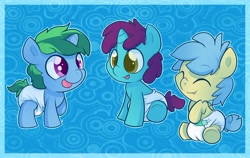 Size: 1280x811 | Tagged: safe, artist:cuddlehooves, imported from derpibooru, oc, oc only, oc:bonded friendship, oc:cobalt arrow, oc:vitriol ink, pony, baby, baby pony, cuddlehooves is trying to murder us, cute, diaper, foal, poofy diaper