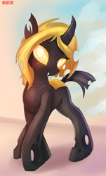 Size: 2076x3428 | Tagged: safe, artist:skyart301, artist:skyline19, imported from derpibooru, oc, oc only, oc:harmony melliferre, changeling, solo, yellow changeling