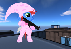 Size: 1024x706 | Tagged: safe, imported from derpibooru, oc, oc only, oc:skittles, explicit source, gun, second life, solo