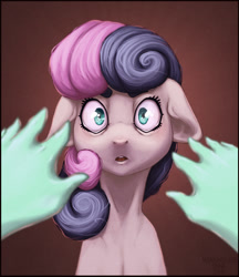 Size: 956x1104 | Tagged: safe, artist:meaninglessspine, imported from derpibooru, bon bon, lyra heartstrings, sweetie drops, bon bon is not amused, hand
