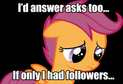 Size: 900x620 | Tagged: safe, imported from derpibooru, scootaloo, female, image macro, sad, solo