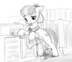 Size: 695x599 | Tagged: safe, artist:alloyrabbit, imported from derpibooru, coco pommel, earth pony, pony, city, fabric, floppy ears, giant pony, giant/macro earth pony, giant/mega coco pommel, giantess, macro, monochrome, scissors, sketch, solo