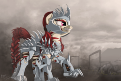 Size: 1920x1280 | Tagged: safe, artist:lucky dragoness, imported from derpibooru, oc, oc only, oc:rampage, pony, zebra, fallout equestria, fallout equestria: project horizons, armor, armored pony, badass, barbed wire, death by hugging, fanfic art, female, mare, smiling, solo, spiked armor, spikes, stripes, teeth, wasteland