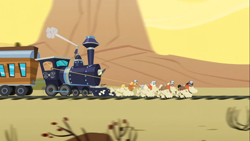 Size: 1366x768 | Tagged: safe, imported from derpibooru, screencap, caboose, evening star, full steam, john bull, promontory, earth pony, pony, over a barrel, desert, male, stallion, train, train ponies