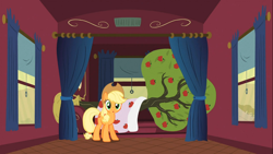 Size: 1366x768 | Tagged: safe, imported from derpibooru, screencap, applejack, bloomberg, over a barrel, female, solo, tree