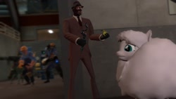 Size: 1192x670 | Tagged: safe, artist:fezwearingdoctor, imported from derpibooru, oc, oc only, oc:fluffle puff, 3d, changeling horn, crossover, engineer, gmod, horn, knife, pyro, spy, team fortress 2