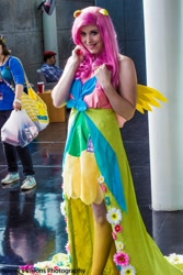 Size: 1366x2048 | Tagged: safe, artist:flying-fox, artist:koi-ishly, imported from derpibooru, fluttershy, human, clothes, convention, cosplay, dress, gala dress, irl, irl human, nekocon, nekocon 2013, photo