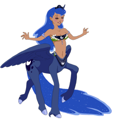 Size: 933x965 | Tagged: safe, artist:zoe-productions, imported from derpibooru, princess luna, centaur, bandeau, belly button, cleavage, disney, disney style, fantasia, female, lunataur, midriff, pretty, simple background, solo, style emulation, unshorn fetlocks