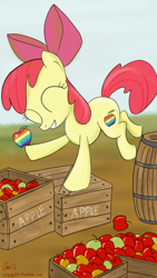 Size: 720x1280 | Tagged: safe, artist:orang111, imported from derpibooru, apple bloom, earth pony, pony, apple, barrel, box, cutie mark, female, filly, food, solo, zap apple