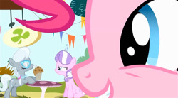 Size: 1280x709 | Tagged: safe, imported from derpibooru, screencap, diamond tiara, pinkie pie, silver spoon, pinkie pride, milkshake, smiling