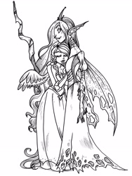 Size: 2467x3278 | Tagged: safe, artist:secondlina, imported from derpibooru, princess cadance, queen chrysalis, human, black and white, grayscale, humanized, monochrome, weapon