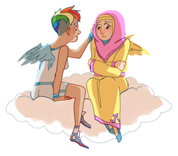 Size: 1070x940 | Tagged: safe, artist:twylluan, imported from derpibooru, fluttershy, rainbow dash, human, backlighting, cloud, comforting, hijab, humanized, islam, islamashy, light skin, piercing, short hair, sitting, winged humanization